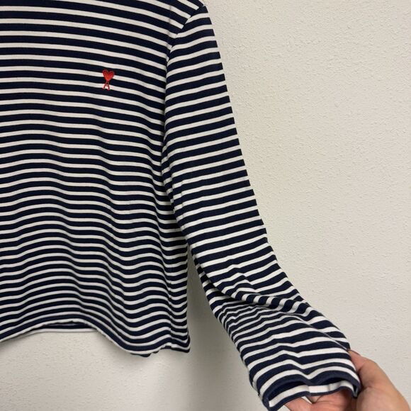AMI Paris Alexandre Mattiussi Long Sleeve Shirt Size XL Heart Navy White Stripe - Picture 4 of 7